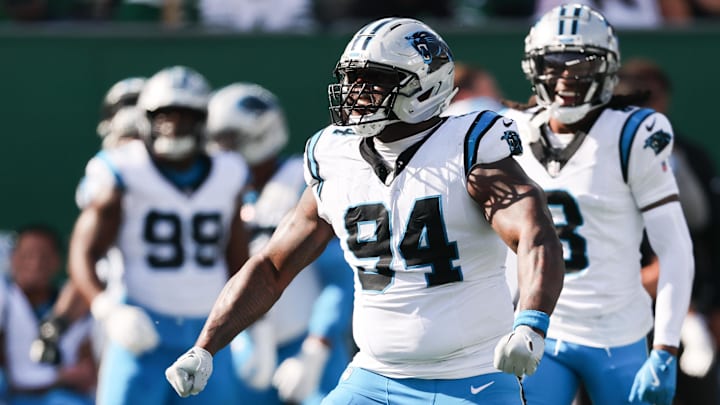 Carolina Panthers defensive end A'Shawn Robinson (94) reacts after a sack in the second quarter 
