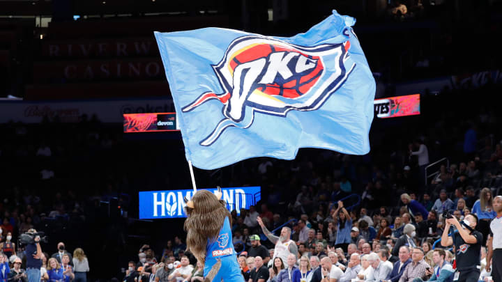 Nov 15, 2021; Oklahoma City, Oklahoma, USA; Oklahoma City Thunder mascot Rumble the Bison during the second half of their game against the Miami Heat at Paycom Center. Miami won 103-90. Mandatory Credit: Alonzo Adams-USA TODAY Sports Nov 15, 2021; Oklahoma City, Oklahoma, USA; Oklahoma City Thunder mascot Rumble the Bison during the second half of their game against the Miami Heat at Paycom Center. Miami won 103-90. Mandatory Credit: Alonzo Adams-USA TODAY Sports