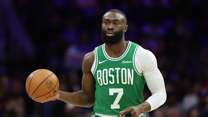 Apr 30, 2026; Philadelphia, Pennsylvania, USA; Boston Celtics guard Jaylen Brown (7) dribbles the ball against the Philadelphia 76ers during the first quarter at Xfinity Mobile Arena.
