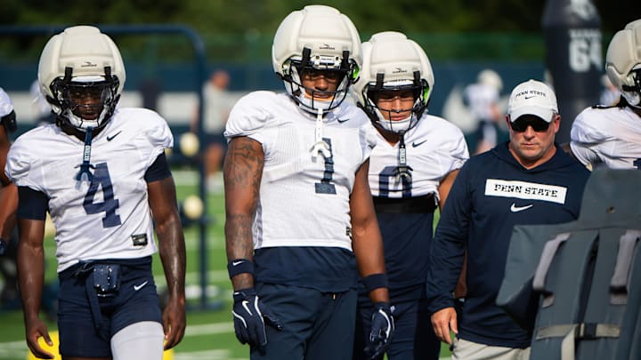 Penn State wide receiver Kyron Hudson (1) during a practice session outside Holuba Hall.