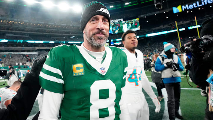 New York Jets quarterback Aaron Rodgers (8) is shown after he led Gang Green to a 32-20 victory against the Miami Dolphins, Sunday January 5, 2025, in East Rutherford.