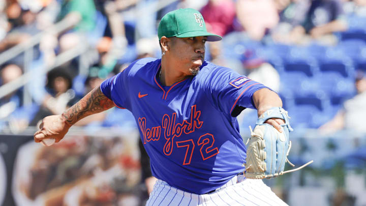 Mar 17, 2025; Port St. Lucie, Florida, USA;  New York Mets pitcher Dedniel Nunez (72) throws a pitch during the seventh inning against the Tampa Bay Rays at Clover Park. Mandatory Credit: Reinhold Matay-Imagn Images. 