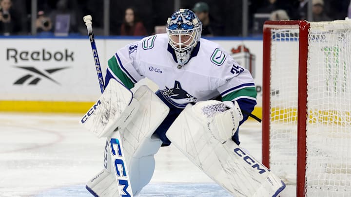 Dec 16, 2025; New York, New York, USA; Vancouver Canucks goaltender Thatcher Demko (35) tends net against the New York Rangers during the second period at Madison Square Garden. Mandatory Credit: Brad Penner-Imagn Images Dec 16, 2025; New York, New York, USA; Vancouver Canucks goaltender Thatcher Demko (35) tends net against the New York Rangers during the second period at Madison Square Garden. Mandatory Credit: Brad Penner-Imagn Images