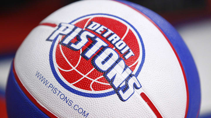Apr 12, 2015; Auburn Hills, MI, USA; A general shot of a basketball with a Detroit Pistons logo on it during the third quarter against the Charlotte Hornets at The Palace of Auburn Hills. Pistons beat the Hornets 116-77. Mandatory Credit: Raj Mehta-Imagn Images