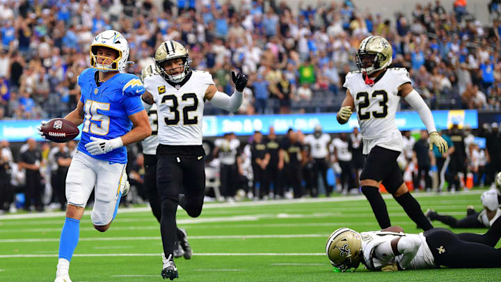 Oct 27, 2024; Inglewood, California, USA; Los Angeles Chargers wide receiver Ladd McConkey (15) runs the ball for a touchdown against the New Orleans Saints during the second half at SoFi Stadium. Mandatory Credit: Gary A. Vasquez-Imagn Images Oct 27, 2024; Inglewood, California, USA; Los Angeles Chargers wide receiver Ladd McConkey (15) runs the ball for a touchdown against the New Orleans Saints during the second half at SoFi Stadium. Mandatory Credit: Gary A. Vasquez-Imagn Images
