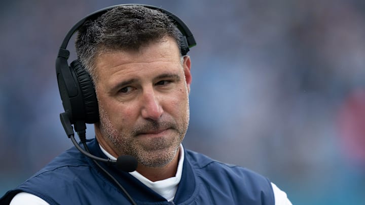 Tennessee Titans head coach Mike Vrabel waits for a referee's decision after throwing the challenge flag against the Carolina Panthers during their game at Nissan Stadium in Nashville, Tenn., Sunday, Nov. 26, 2023.