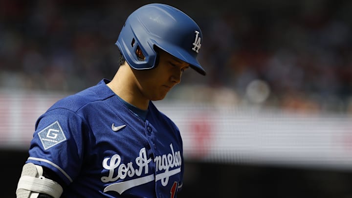 Apr 3, 2026; Washington, District of Columbia, USA;  Los Angeles Dodgers two-way player Shohei Ohtani (17) prepares to step in to the batter's box against the Washington Nationals during the fourth inning at Nationals Park. Mandatory Credit: Geoff Burke-Imagn Images