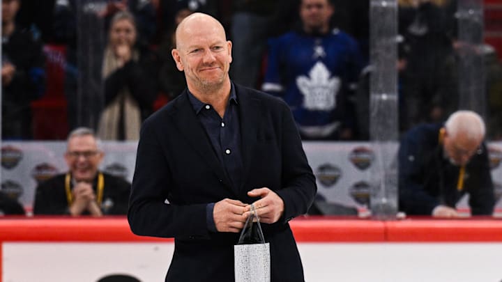 Nov 19, 2023; Stockholm, SWE; Mats Sundin during a Global Series NHL hockey game between the Toronto Maple Leafs and the Minnesota Wild at Avicii Arena. Mandatory Credit: Per Haljestam-Imagn Images