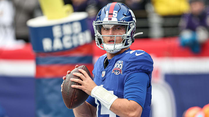 Dec 15, 2024; East Rutherford, New Jersey, USA; New York Giants quarterback Tommy DeVito (15) warms up before the game against the Baltimore Ravens at MetLife Stadium. Dec 15, 2024; East Rutherford, New Jersey, USA; New York Giants quarterback Tommy DeVito (15) warms up before the game against the Baltimore Ravens at MetLife Stadium.