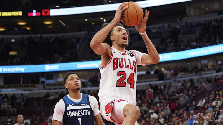 Oct 16, 2025; Chicago, Illinois, USA; Minnesota Timberwolves guard/forward Terrence Shannon Jr. (1) defends Chicago Bulls forward Noa Essengue (24) during the second half at United Center. Mandatory Credit: David Banks-Imagn Images Oct 16, 2025; Chicago, Illinois, USA; Minnesota Timberwolves guard/forward Terrence Shannon Jr. (1) defends Chicago Bulls forward Noa Essengue (24) during the second half at United Center. Mandatory Credit: David Banks-Imagn Images
