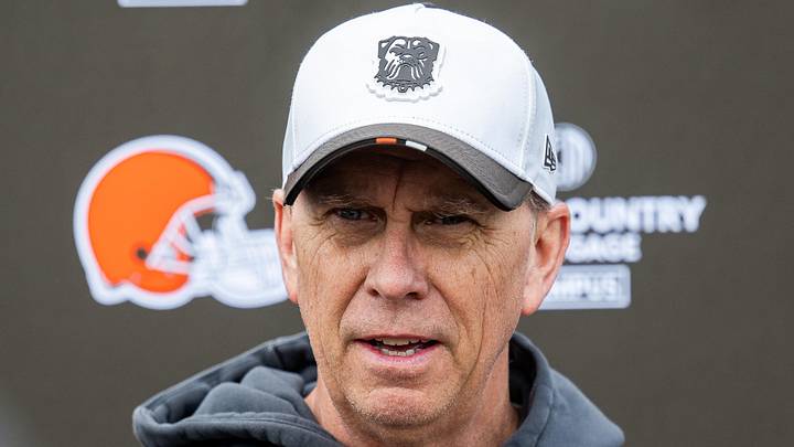 May 8, 2026; Berea, OH, USA; Cleveland Browns head coach Todd Monken talks to the media after rookie minicamp at CrossCountry Mortgage Campus. Mandatory Credit: Ken Blaze-Imagn Images
