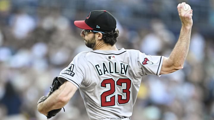 Jul 7, 2025; San Diego, California, USA; Arizona Diamondbacks starting pitcher Zac Gallen (23) delivers during the second inning against the San Diego Padres at Petco Park. Mandatory Credit: Denis Poroy-Imagn Images Jul 7, 2025; San Diego, California, USA; Arizona Diamondbacks starting pitcher Zac Gallen (23) delivers during the second inning against the San Diego Padres at Petco Park. Mandatory Credit: Denis Poroy-Imagn Images
