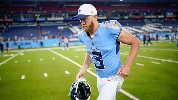 Tennessee Titans punter Johnny Hekker (3) exits the field after an NFL pre-season game against the Minnesota Vikings at Nissan Stadium in Nashville, Tenn., Friday, Aug. 22, 2025.