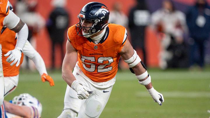 January 17, 2026: Denver Broncos linebacker Jonah Elliss (52) looks to make a play in the second half of the AFC Divisional Round playoff football game between the Denver Broncos and Buffalo Bills. 