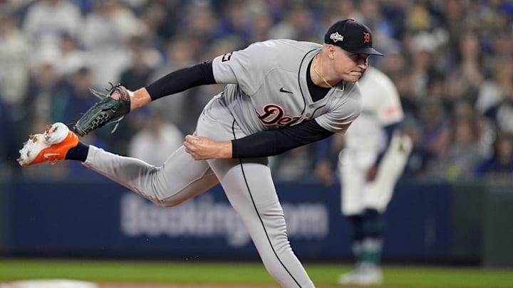 Tigers pitcher Tarik Skubal throws against Mariners during the first inning of ALDS Game 5 at T-Mobile Park in Seattle on Friday, Oct. 10, 2025.