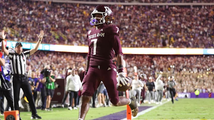 Oct 25, 2025; Baton Rouge, Louisiana, USA; Texas A&M Aggies wide receiver KC Concepcion (7) returns a punt for a touchdown during the second half against the Louisiana State Tigers at Tiger Stadium. Mandatory Credit: Stephen Lew-Imagn Images Oct 25, 2025; Baton Rouge, Louisiana, USA; Texas A&M Aggies wide receiver KC Concepcion (7) returns a punt for a touchdown during the second half against the Louisiana State Tigers at Tiger Stadium. Mandatory Credit: Stephen Lew-Imagn Images