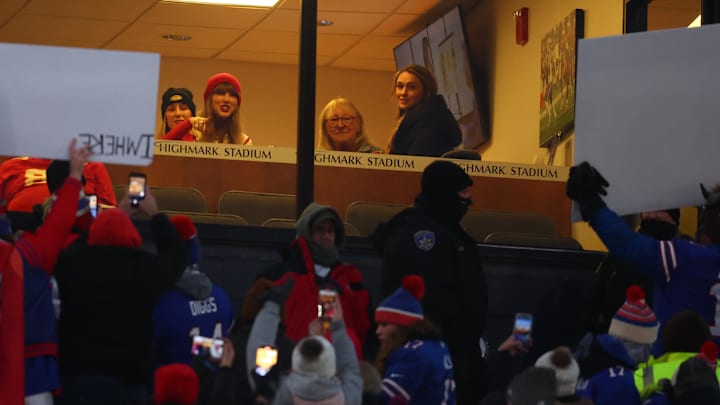 Jan 21, 2024; Orchard Park, New York, USA; Taylor Swift (left), Donna Kelce (center) and Kylie Kelce (right) before   the 2024 AFC divisional round game between the Kansas City Chiefs and Buffalo Bills at Highmark Stadium.