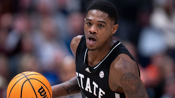 Mississippi State Bulldogs guard Shawn Jones Jr. (5) brings the ball up court against Auburn Tigers during their SEC Men's Basketball Tournament semifinal game at Bridgestone Arena in Nashville, Tenn., Saturday, March 16, 202 at Bridgestone Arena in Nashville, Tenn., Saturday, March 16, 2024.