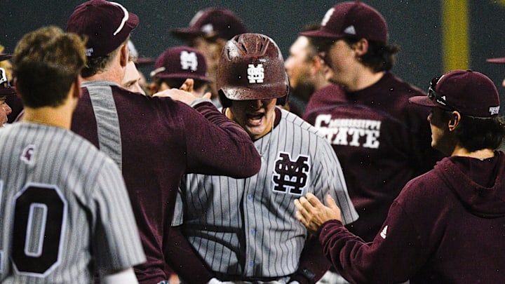 Mississippi State's Hunter Hines (44) celebrating with teammates after hitting a home run to tie the game against Tennessee in their NCAA baseball game in Knoxville, Tenn. on Thursday, April 27, 2023.

Ut Baseball Miss St