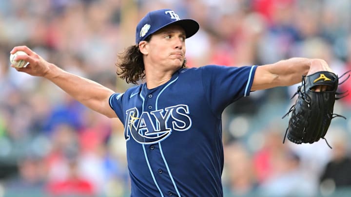 Tampa Bay Rays starting pitcher Tyler Glasnow (20) throws a pitch