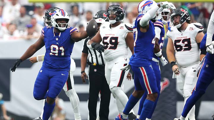 Sep. 13, 2026; Houston, Texas, USA; Buffalo Bills' defensive lineman Ed Oliver (91) reacts after making a fumble recovery during the first quarter against the Houston Texans at Reliant Stadium. Mandatory Credit: Troy Taormina-Imagn Images Sep. 13, 2026; Houston, Texas, USA; Buffalo Bills' defensive lineman Ed Oliver (91) reacts after making a fumble recovery during the first quarter against the Houston Texans at Reliant Stadium. Mandatory Credit: Troy Taormina-Imagn Images