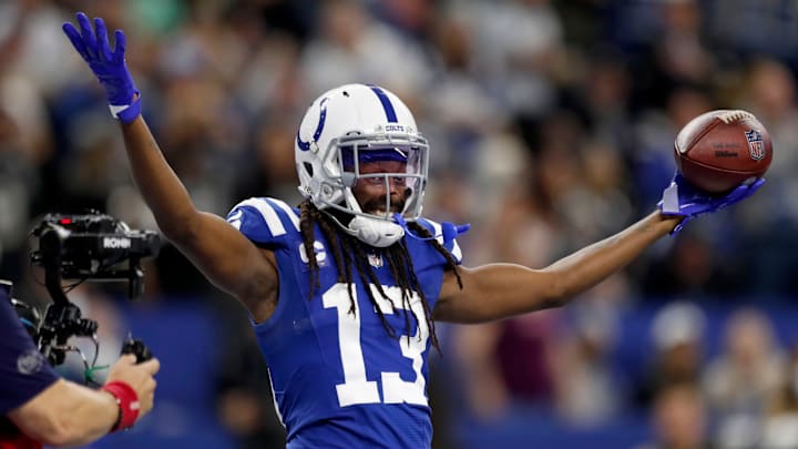 Indianapolis Colts wide receiver T.Y. Hilton (13) celebrates after a touchdown Sunday, Jan. 2, 2022, during a game against the Las Vegas Raiders at Lucas Oil Stadium in Indianapolis.