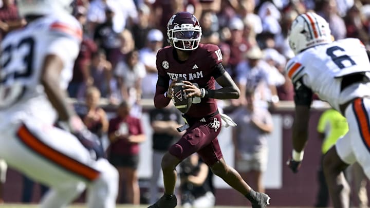 Sep 27, 2025; College Station, Texas, USA; Texas A&M Aggies quarterback Marcel Reed (10) runs the ball during the first half against the Auburn Tigers at Kyle Field. Mandatory Credit: Maria Lysaker-Imagn Images