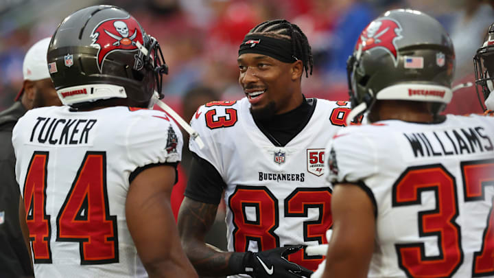 Aug 23, 2025; Tampa, Florida, USA; Tampa Bay Buccaneers wide receiver Tez Johnson (83), running back Sean Tucker (44) and running back Josh Williams (37) prior to the game against the Buffalo Bills at Raymond James Stadium. Mandatory Credit: Kim Klement Neitzel-Imagn Images