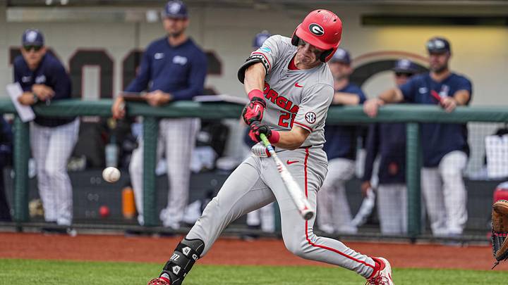 May 29, 2026; Athens, GA, USA; Georgia Bulldogs designated hitter Brennan Hudson (28) bats against the Liberty Flames at Foley Field. Mandatory Credit: Dale Zanine-Imagn Images