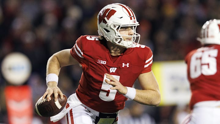 Nov 26, 2022; Madison, Wisconsin, USA;  Wisconsin Badgers quarterback Graham Mertz (5) during the game against the Minnesota Golden Gophers at Camp Randall Stadium.