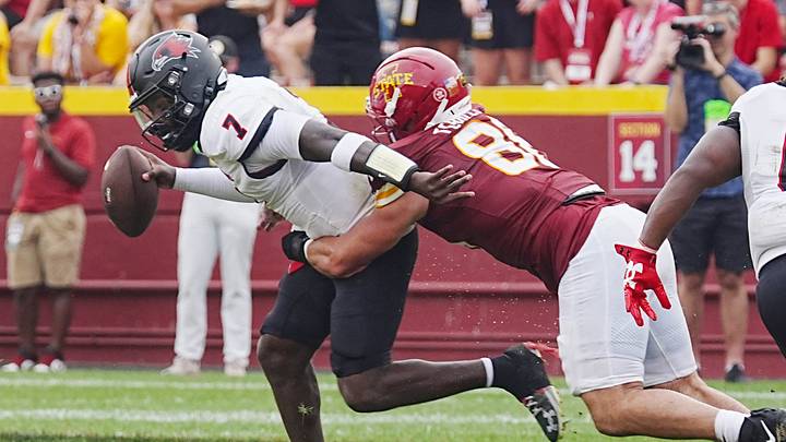 Iowa State defensive end Isaac Terrell (88) sacks Southeast Missouri quarterback Braylen Ragland (7) during the second quarter in the week one NCAA football at Jack Trice Stadium parking lot on Sept. 5, 2026, in Ames, Iowa.