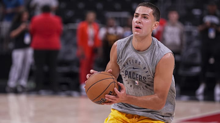 Oct 8, 2024; Atlanta, Georgia, USA; Indiana Pacers forward Cole Swider (21) on the court before the game against the Atlanta Hawks at State Farm Arena. Mandatory Credit: Dale Zanine-Imagn Images