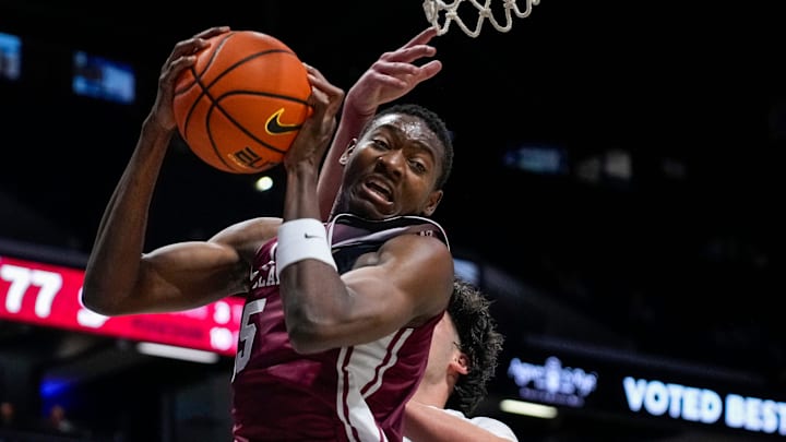 Santa Clara Broncos guard Thierry Darlan (15) pulls down a rebound in the second half of the NCAA Men’s Basketball game between the Xavier Musketeers and the Santa Clara Broncos at the Cintas Center in Cincinnati on Monday, Nov. 10, 2025. Xavier lost 87-68.