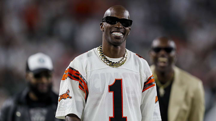 Sep 25, 2023; Cincinnati, Ohio, USA; Former Cincinnati Bengals player, Chad Johnson, walks on the field during warmups before the game against the Los Angeles Rams at Paycor Stadium. Mandatory Credit: Katie Stratman-Imagn Images