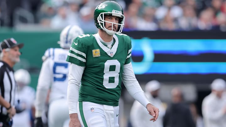 Nov 17, 2024; East Rutherford, New Jersey, USA; New York Jets quarterback Aaron Rodgers (8) reacts during the first quarter against the Indianapolis Colts at MetLife Stadium. Mandatory Credit: Brad Penner-Imagn Images