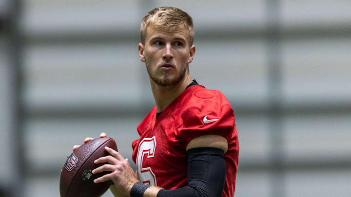 May 10, 2025; New Orleans, LA, USA;  New Orleans Saints quarterback Tyler Shough (6) drops back to pass during rookie minicamp at Ochsner Sports Performance Center. Mandatory Credit: Stephen Lew-Imagn Images