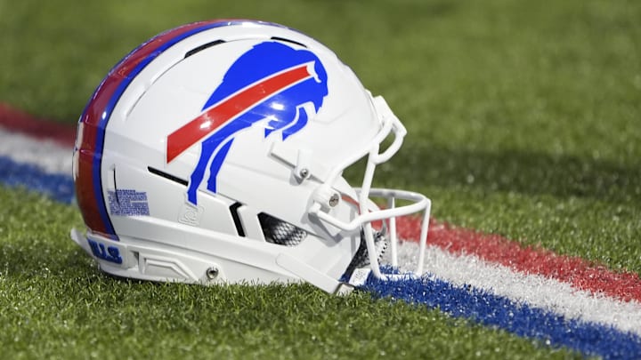 Sep 7, 2025; Orchard Park, New York, USA;  Detailed view of Buffalo Bills helmet on the field prior to the first quarter against the Baltimore Ravens at Highmark Stadium. Mandatory Credit: Gregory Fisher-Imagn Images