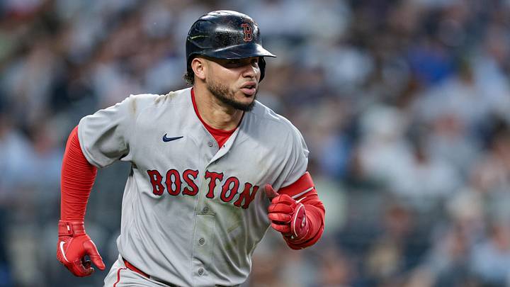 Jun 5, 2026; Bronx, New York, USA; Boston Red Sox first baseman Willson Contreras (40) hits a two run home run during the fifth inning against the New York Yankees at Yankee Stadium. Mandatory Credit: Vincent Carchietta-Imagn Images