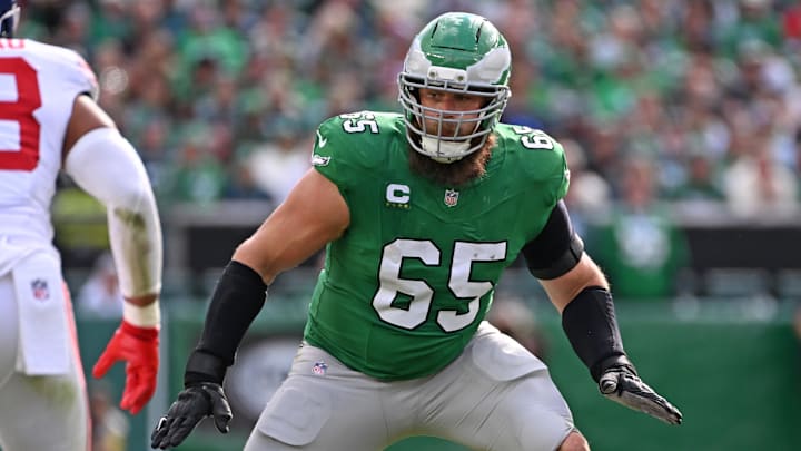 Oct 26, 2025; Philadelphia, Pennsylvania, USA; Philadelphia Eagles offensive tackle Lane Johnson (65) against the New York Giants at Lincoln Financial Field. Mandatory Credit: Eric Hartline-Imagn Images