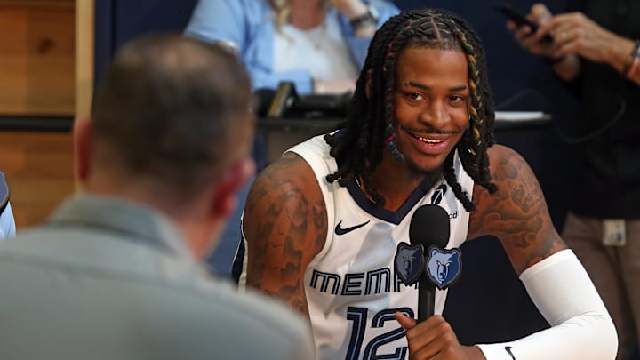 Sep 30, 2024; Memphis, TN, USA; Memphis Grizzlies guard Ja Morant (12) during interviews on media day at FedEx Forum Mandatory Credit: Petre Thomas-Imagn Images