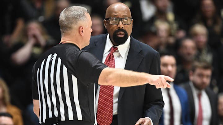 Jan 31, 2025; West Lafayette, Indiana, USA; Indiana Hoosiers head coach Mike Woodson talks with a referee during the second half against the Purdue Boilermakers at Mackey Arena. Mandatory Credit: Robert Goddin-Imagn Images
