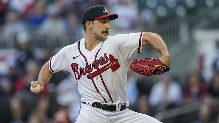 Apr 12, 2023; Cumberland, Georgia, USA; Atlanta Braves starting pitcher Spencer Strider (99) pitches