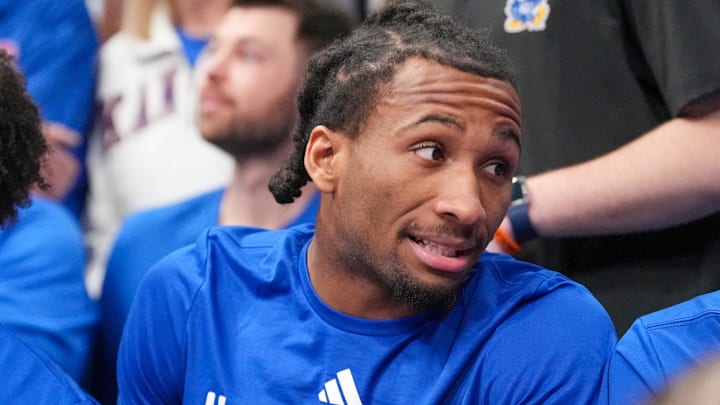 Dec 2, 2025; Lawrence, Kansas, USA; Kansas Jayhawks guard Darryn Peterson (22) on the bench out from an injury against the UConn Huskies during the first half of the game at Allen Fieldhouse. Mandatory Credit: Denny Medley-Imagn Images
