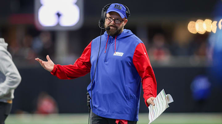 Dec 22, 2024; Atlanta, Georgia, USA; New York Giants head coach Brian Daboll on the sideline against the Atlanta Falcons in the third quarter at Mercedes-Benz Stadium. Mandatory Credit: Brett Davis-Imagn Images