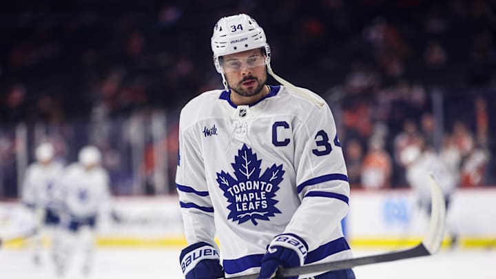 Jan 8, 2026; Philadelphia, Pennsylvania, USA; Toronto Maple Leafs center Auston Matthews (34) before action against the Philadelphia Flyers at Xfinity Mobile Arena. Mandatory Credit: Bill Streicher-Imagn Images