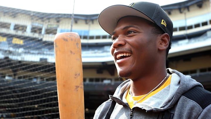 Pittsburgh Pirates first-round pick Termarr Johnson and fourth overall player drafted in the 2022 MLB Draft on the field before the Pirates host the Philadelphia Phillies at PNC Park. 