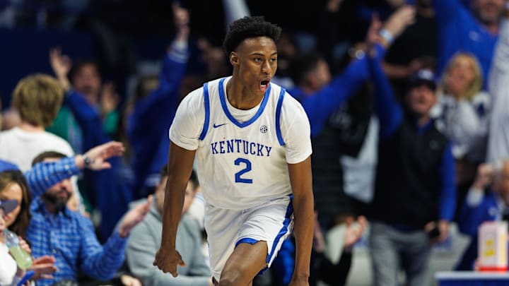 Jan 18, 2025; Lexington, Kentucky, USA; Kentucky Wildcats guard Jaxson Robinson (2) celebrates after making a three point basket during the first half against the Alabama Crimson Tide at Rupp Arena at Central Bank Center. Mandatory Credit: Jordan Prather-Imagn Images