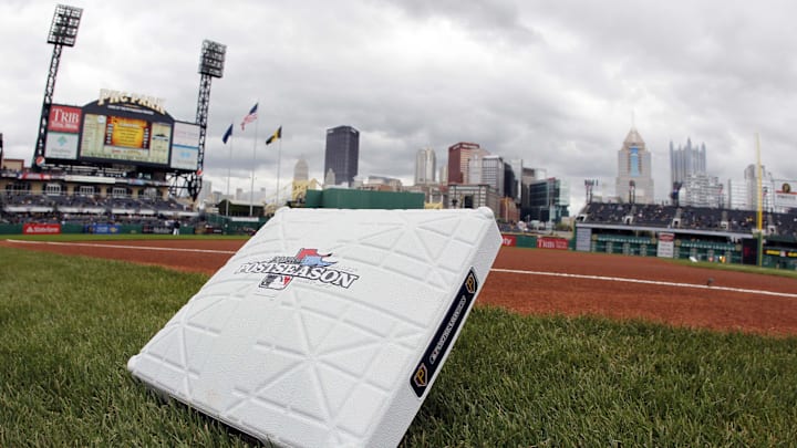 Third base with the postseason logo before game four of the National League divisional series playoff baseball game between the St. Louis Cardinals and Pittsburgh Pirates at PNC Park. Third base with the postseason logo before game four of the National League divisional series playoff baseball game between the St. Louis Cardinals and Pittsburgh Pirates at PNC Park.