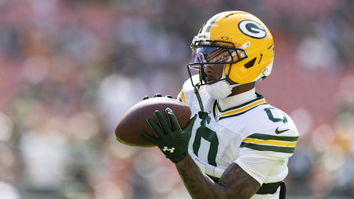 Sep 21, 2025; Cleveland, Ohio, USA; Green Bay Packers wide receiver Matthew Golden (0) catches the ball during warm ups before the game against the Cleveland Browns at Huntington Bank Field. 