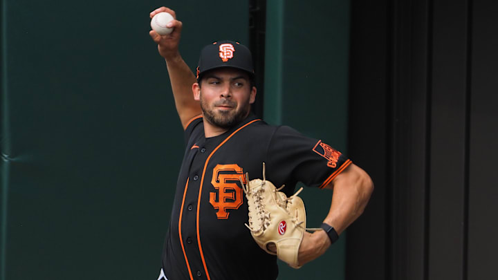 Jul 10, 2020; San Francisco, California, United States; San Francisco Giants pitcher Tyler Cyr (87) throws during a workout at Oracle Park.